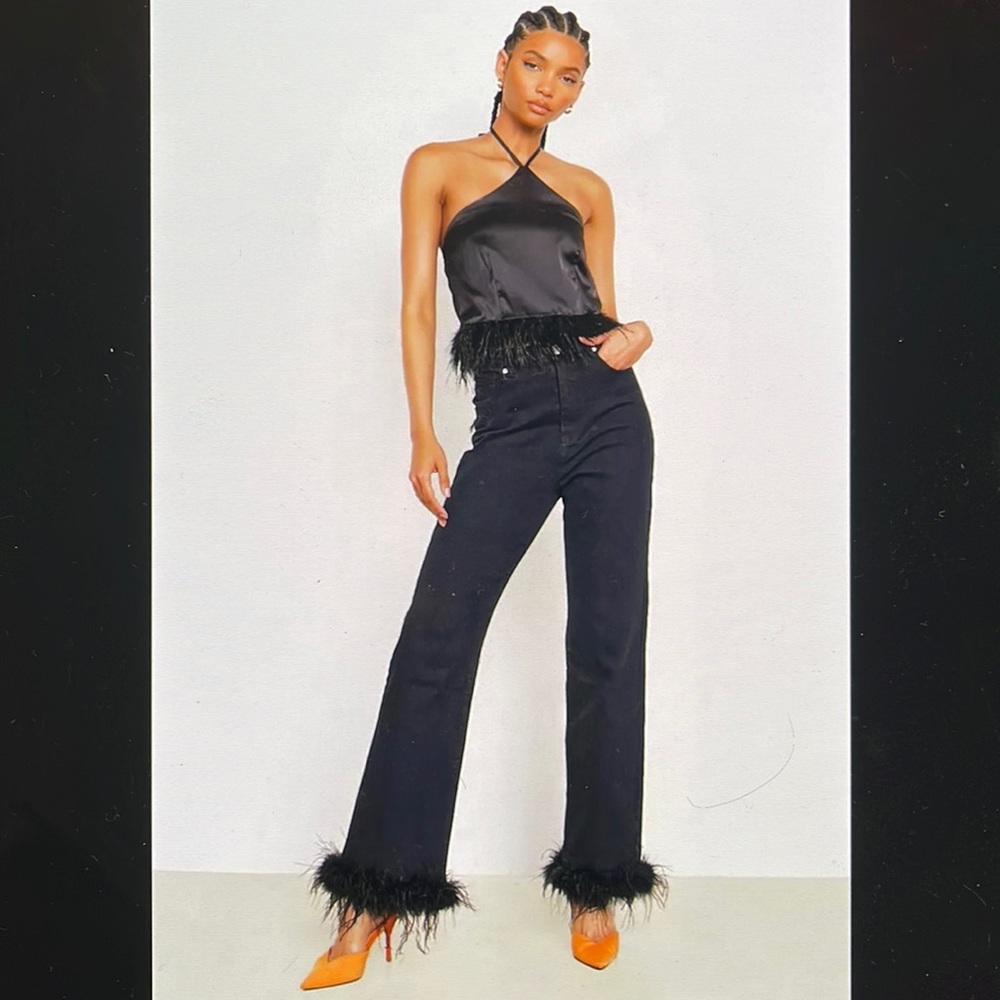 NWT BooHoo Tall Feather Trim Straight Leg Jean - Picture 3 of 11